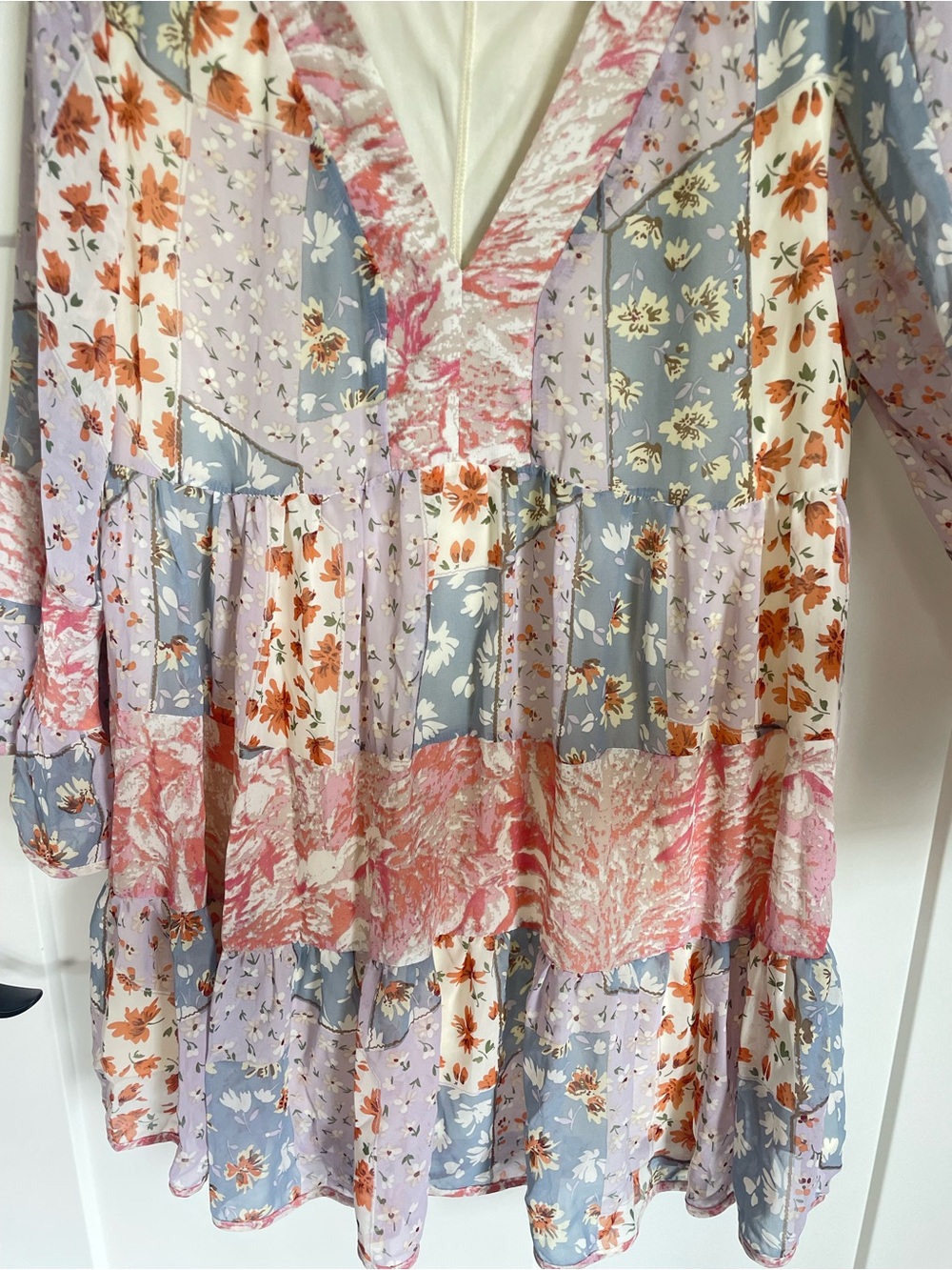Floral Patchwork Tiered V-Neck Tunic Dress Sz L - Picture 6 of 9